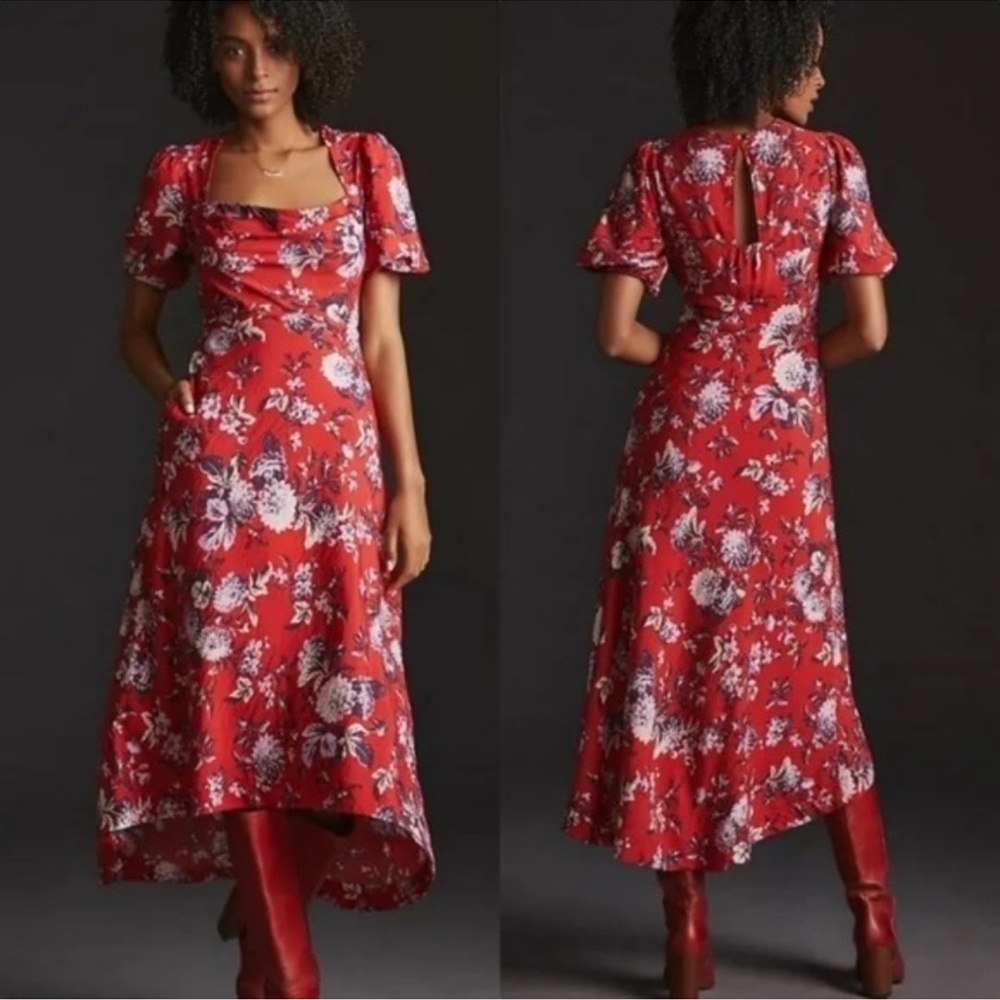 ❣️ Maeve by Anthropologie Red Floral Puff Sleeve Midi Dress 14 XL w/ POCKETS